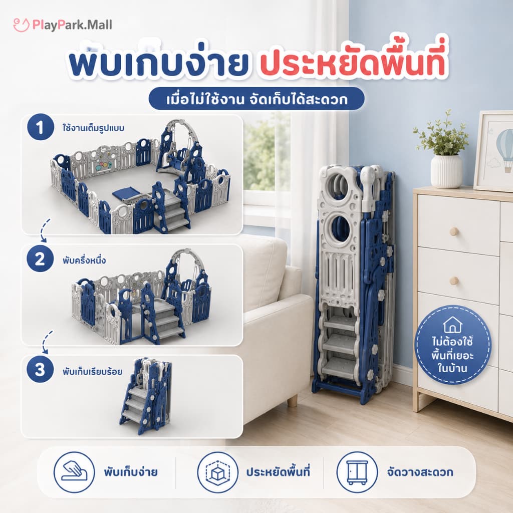 คอกกั้นเด็ก คอกกั้น มีแป้นบาส พับเก็บได้ปรับได้ สไลเดอร์เด็ก+สไลด์สวิง+เสื่อคลาน+30ball รูปที่ 9