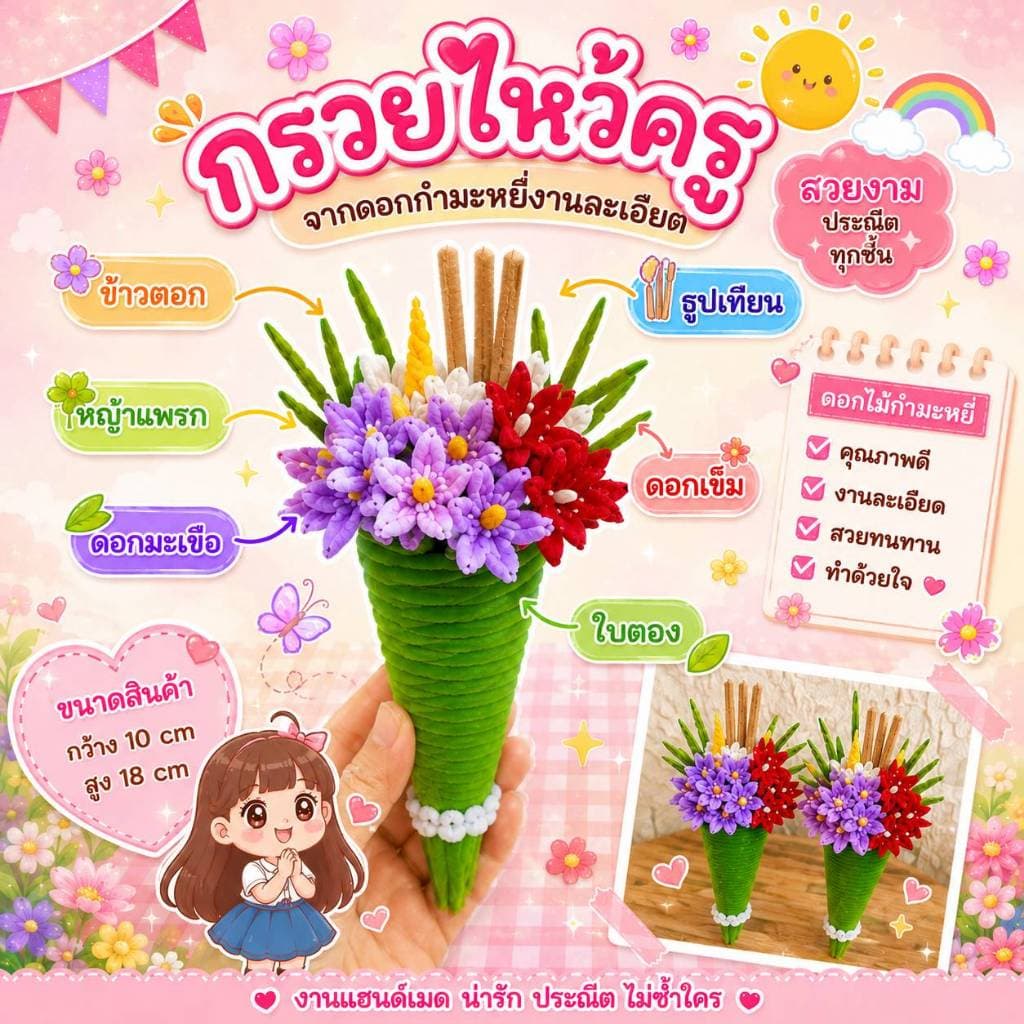 กรวยดอกไม้ พานไหว้ครู ช่อดอกไม้ ลวดกำมะหยี่ ดอกไม้ไหว้ครู มีหลายขนาด รูปที่ 2