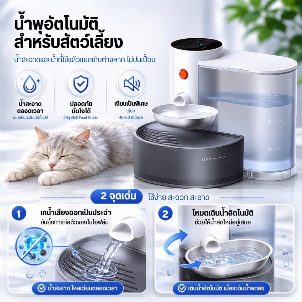 Pet Gravity เครื่องให้น้ำอัตโนมัติ เติมน้ำใหม่ตลอด ไม่ใช้ไส้กรอง ความจุ3.5L รูปที่ 2