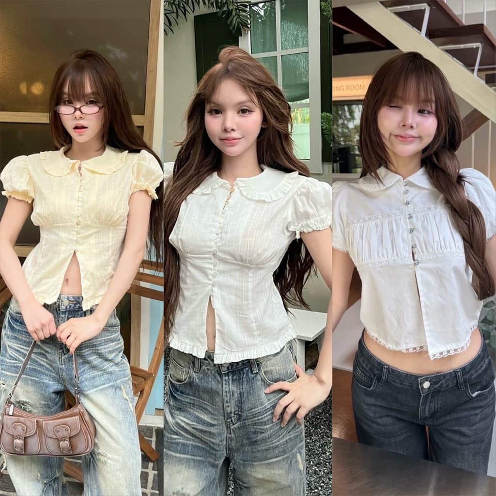 Mamildya.shop เสื้อเชิ้ตแขนสั้นคอบัวทรงแขนตุ๊กตา/ J1-3/COOK-บัวลอน รูปที่ 1