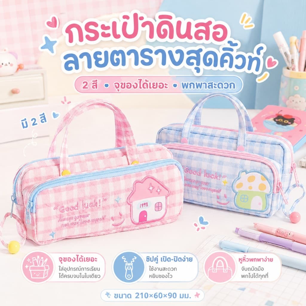 KiKi กระเป๋าดินสอ 2 ชั้น 2 ซิป ลายตารางน่ารัก จุเยอะ มีหูหิ้ว กระเป๋าเครื่องเขียน กล่องดินสอนักเรียน รูปที่ 4