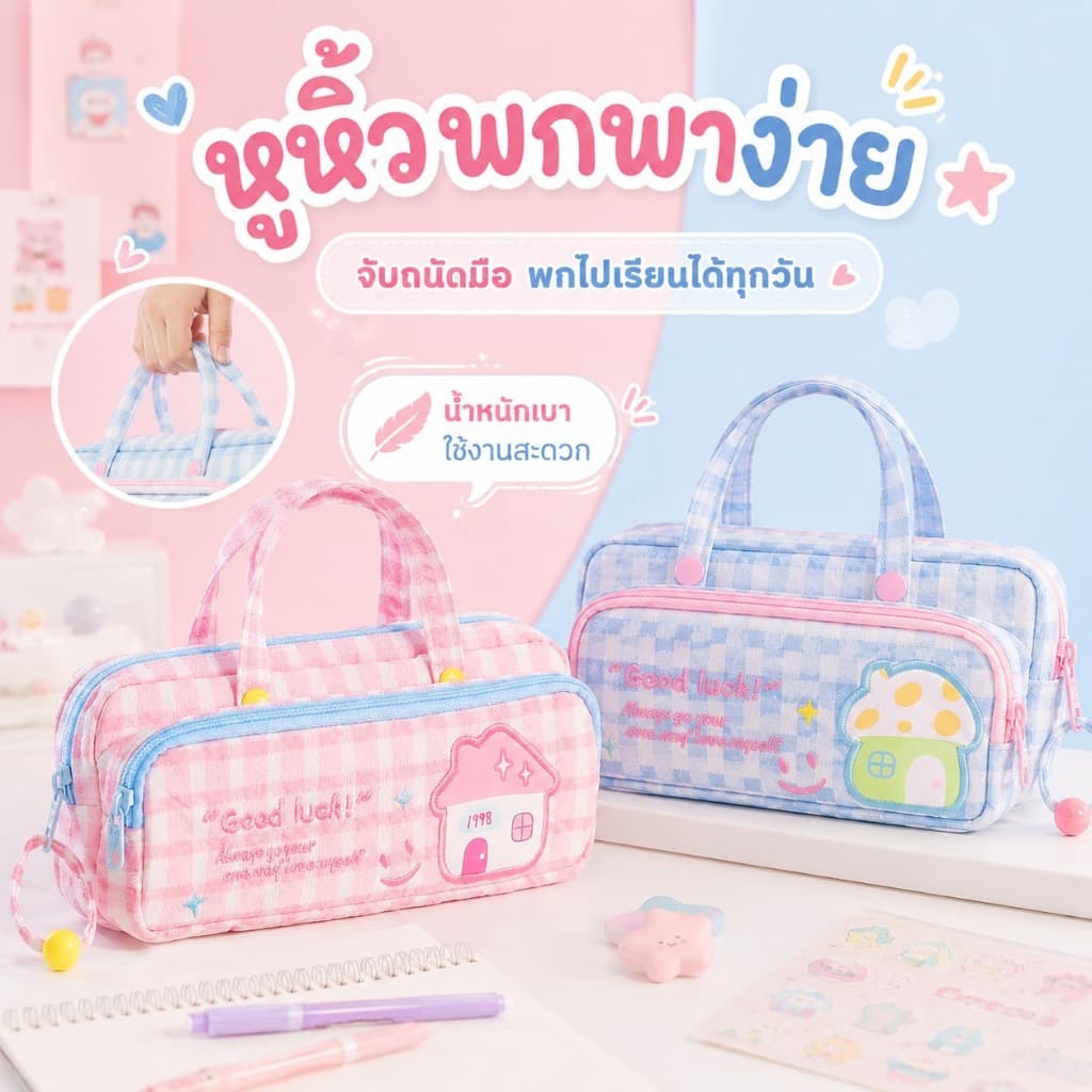 KiKi กระเป๋าดินสอ 2 ชั้น 2 ซิป ลายตารางน่ารัก จุเยอะ มีหูหิ้ว กระเป๋าเครื่องเขียน กล่องดินสอนักเรียน รูปที่ 8