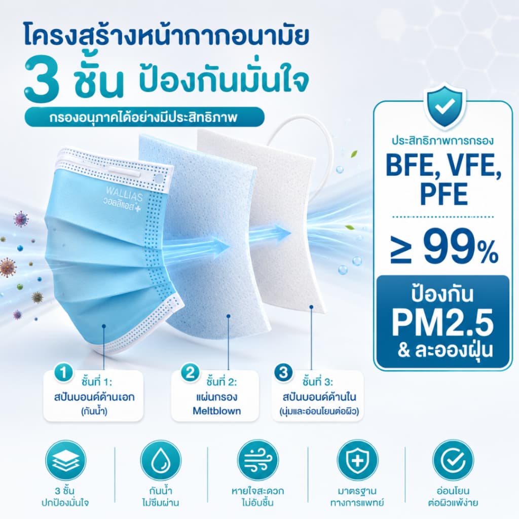 Wallias Medical Face Mask หน้ากากอนามัยทรงผีเสื้อ หน้ากากใส่สบาย หนา3ชั้นแมสกันฝุ่น PM2.5 ป้องกันเชื้อโรค รูปที่ 3