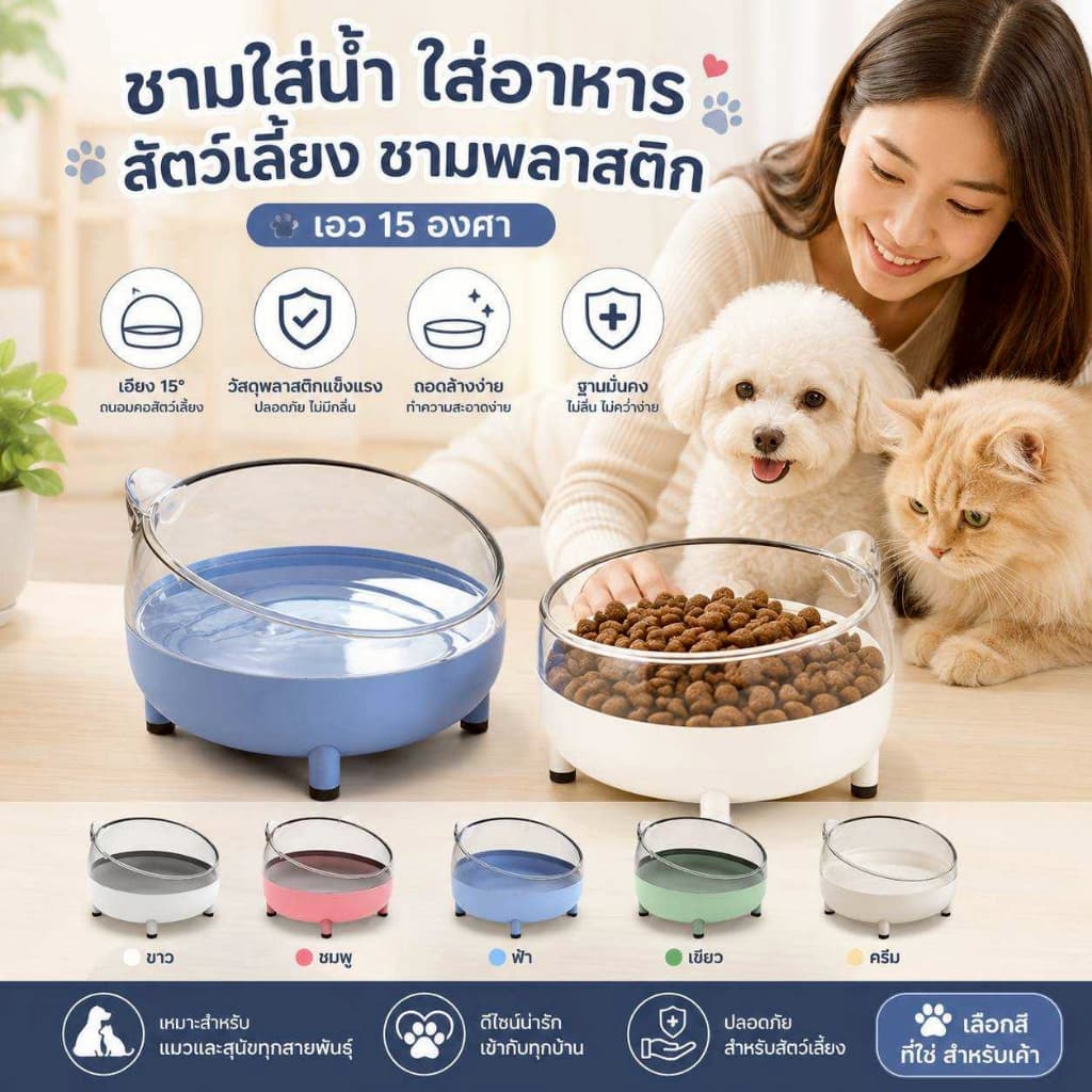 Thai.th ชามหน้าแมว ชามพลาสติก ชามอาหารสัตว์เลี้ยง เอียง 15 องศา Hjtcat รูปที่ 5