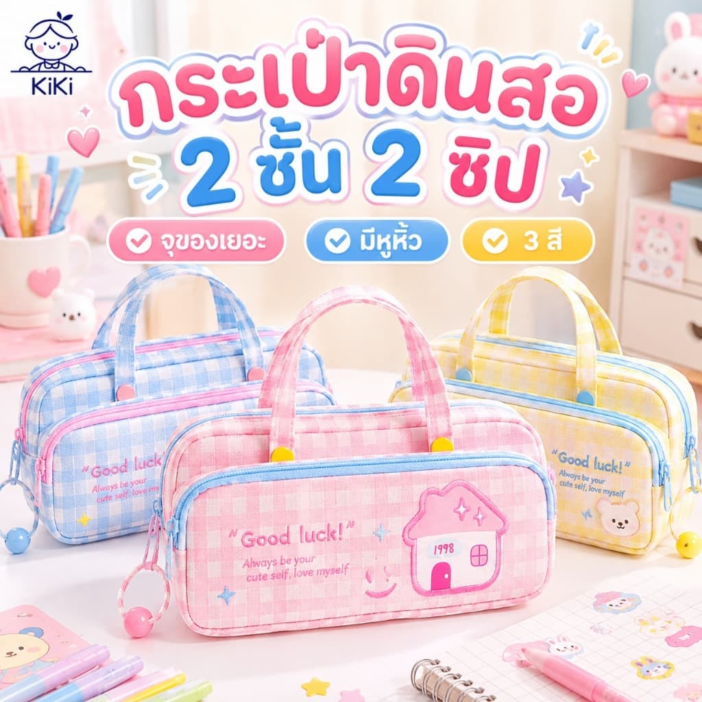 KiKi กระเป๋าดินสอ 2 ชั้น 2 ซิป ลายตารางน่ารัก จุเยอะ มีหูหิ้ว กระเป๋าเครื่องเขียน กล่องดินสอนักเรียน รูปที่ 1