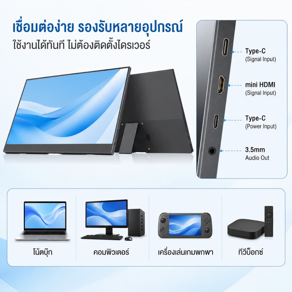 จอภาพแบบพกพา PORTABLE MONITOR 15.6นิ้ว 1080P IPS แบบพกพาลำโพงคู่ในตัวรองรับการใช้งานกับคอมพิวเตอร์แล็ปท็ เชื่อมต่อกับคอน รูปที่ 6