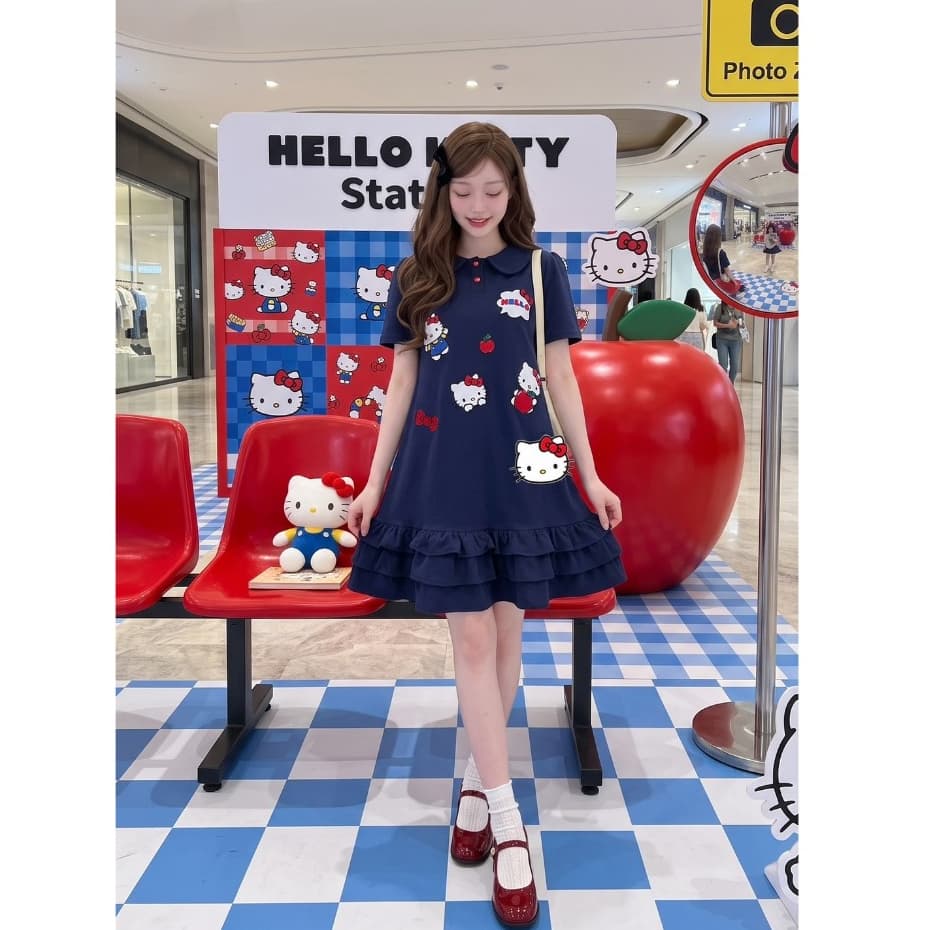 Maria Diamond สีกรม Kitty Station Dress เดรสผ้าคอตตอนโปโลสีกรม งานปักคิตตี้ทั้งชุด กระดุมหน้าสวมหัว รูปที่ 1