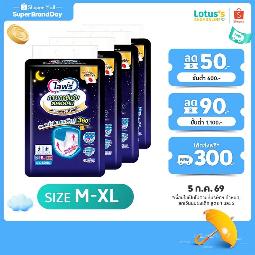 [ขายยกลัง! ลังละ 4 แพ็ค] ไลฟ์รี่ กางเกงซึมซับตลอดคืน ไซส์ M-XL LIFREE LONG LASTING PANTS SIZE M-XL