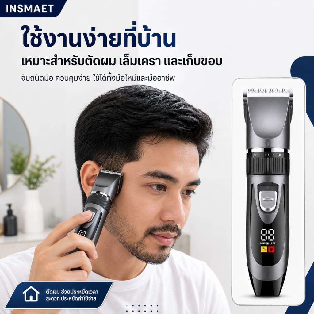 INSMAET ปัตตาเลี่ยนไฟฟ้าไร้สาย จอ LCD ชาร์จ USB ใบมีดเซรามิก ปรับ 5 ระดับ รูปที่ 8