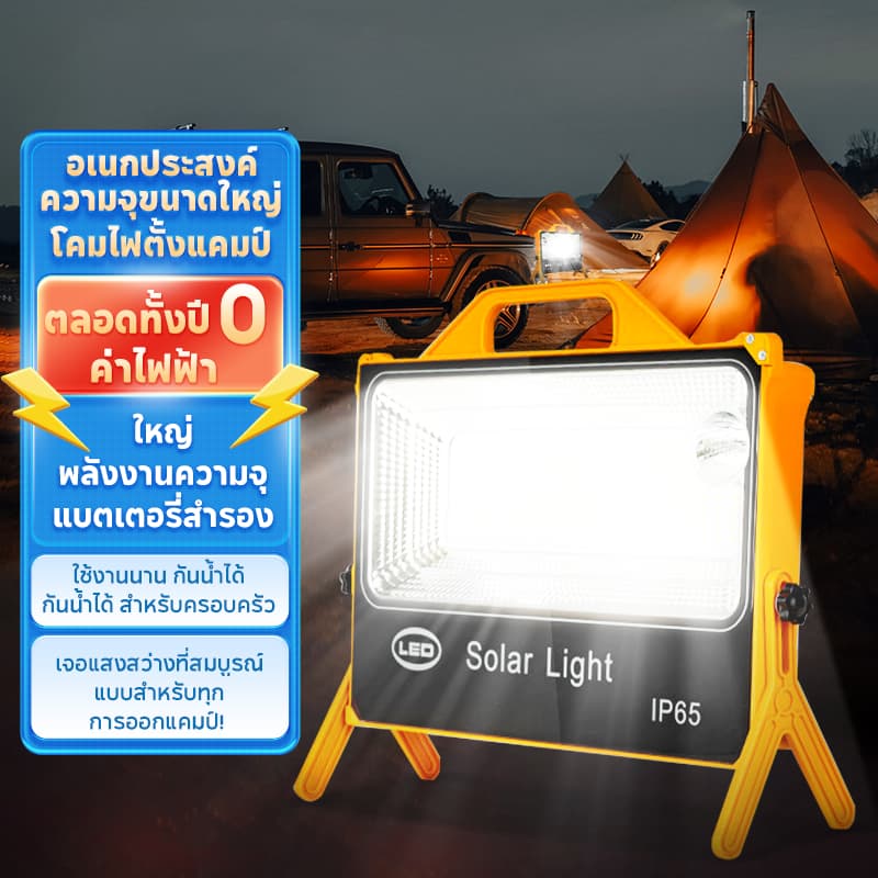 ไฟโซล่าเซลล์ 100,000W โซล่าเซลล์ สปอตไลท์พกพา โซล่าเซลล์USB สว่างมาก ไฟพกพาอเนกประสง ไฟฉุกเฉินในบ้านกันน้ำ ไฟแคมป์ปิ้ง รูปที่ 1