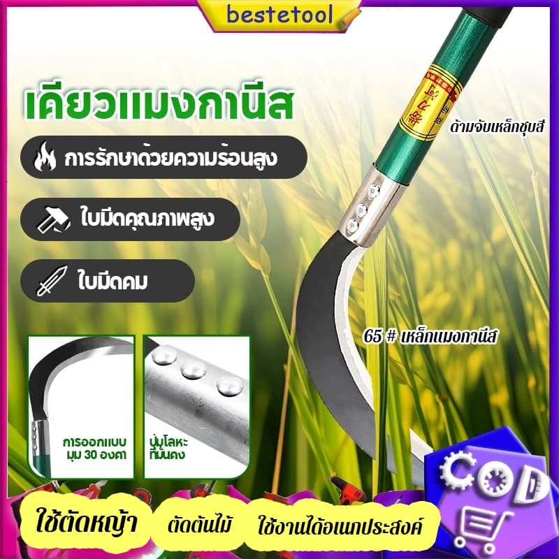เคียวด้ามยาวน้ำหนักเบา อเนกประสงค์ ใช้สำหรับ ตัดไม้ ตัดหญ้า สวนกล้วย เคียวเกียวหญ้า มีดแมงกานีส รุ่นหนาแบบยาวด้ามเขียว รูปที่ 1