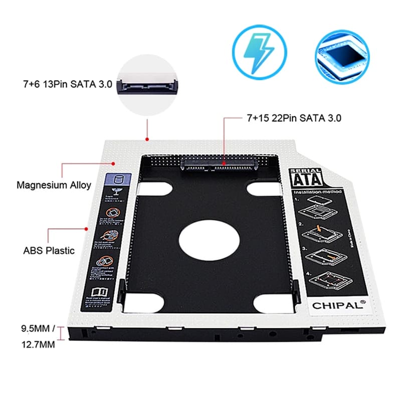 ถาดแปลงใส่HDD SSD ในช่อง DVD Notebook9.0/9.5/12.7mm Tray SATA 2nd HDD SSD Hard Drive Caddy ถาดแปลง for Laptop Notebook รูปที่ 4
