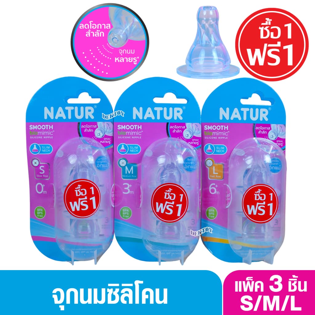 ซื้อ 1 แถม 1 Natur เนเจอร์ จุกนมคอแคบ เนเจอร์สมูทไบโอมิมิค Smooth แพ็ค3ชิ้น