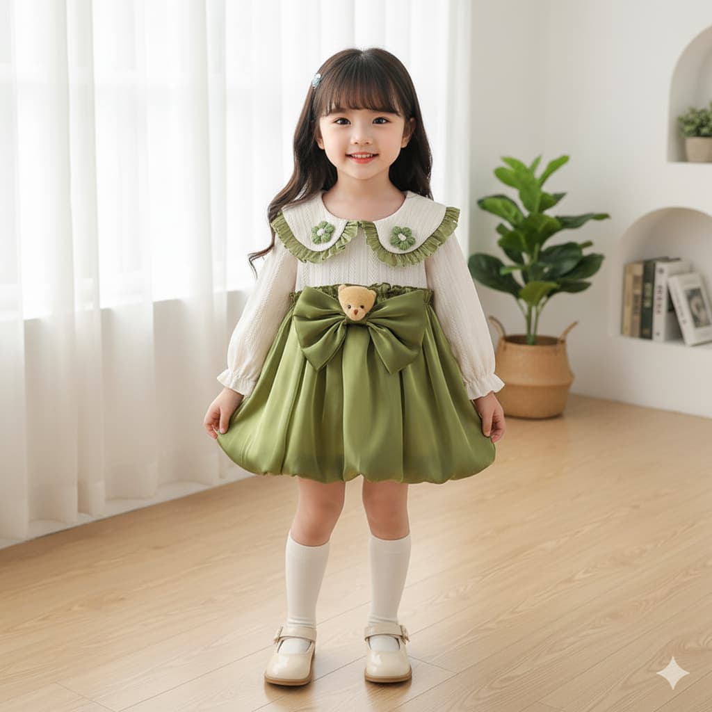 Babyonline A4 ชุดเดรสกระโปรงแฟชั่นทรงบอลลูนแต่งหัวหมีสุดน่ารักผ้าไหมแก้ว นุ่มลื่น ซับในผ้าฝ้าย รูปที่ 5