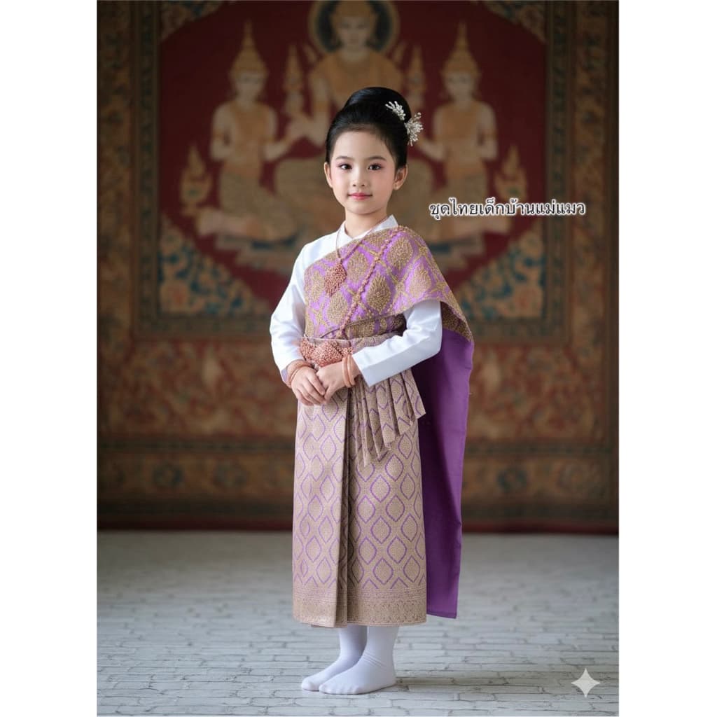 ชุดไทยเด็กหญิงสไบปักนูนผ้าถุงสำเร็จไหมแพรวา งานแยก3ชิ้น รูปที่ 4