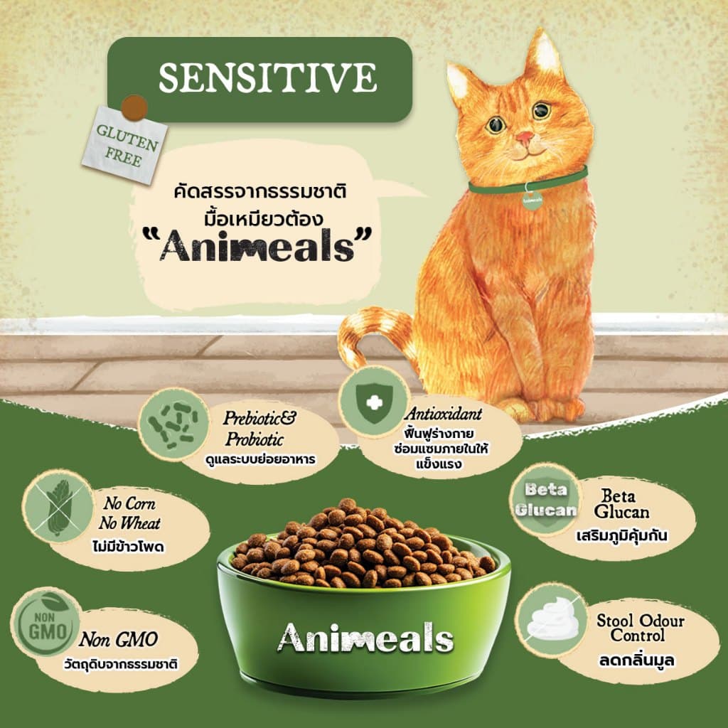 Animeals Sensitive อาหารแมว 1.2kg สูตรแมวแพ้ไก่ ผิวแพ้ง่าย ลดผื่นแดง เกาคัน รสแกะและปลาทะเล กลูเตนฟรี รูปที่ 5