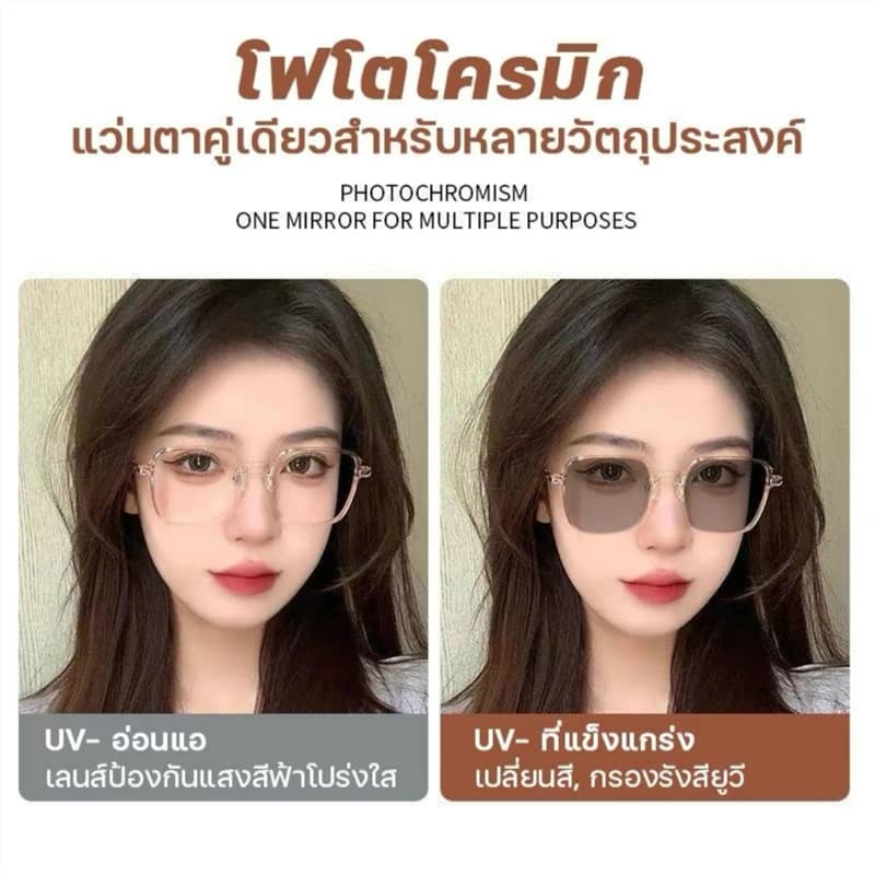 แว่นสายตาสั้นเลนส์ออโตเมติก ออกแดดเปลี่ยนสี UV400 แว่นกรองแสง ผญ สายสั้น เลนส์ออโต้ + กรองแสงสีฟ้า พร้อมแผ่นรองจมูก รูปที่ 2