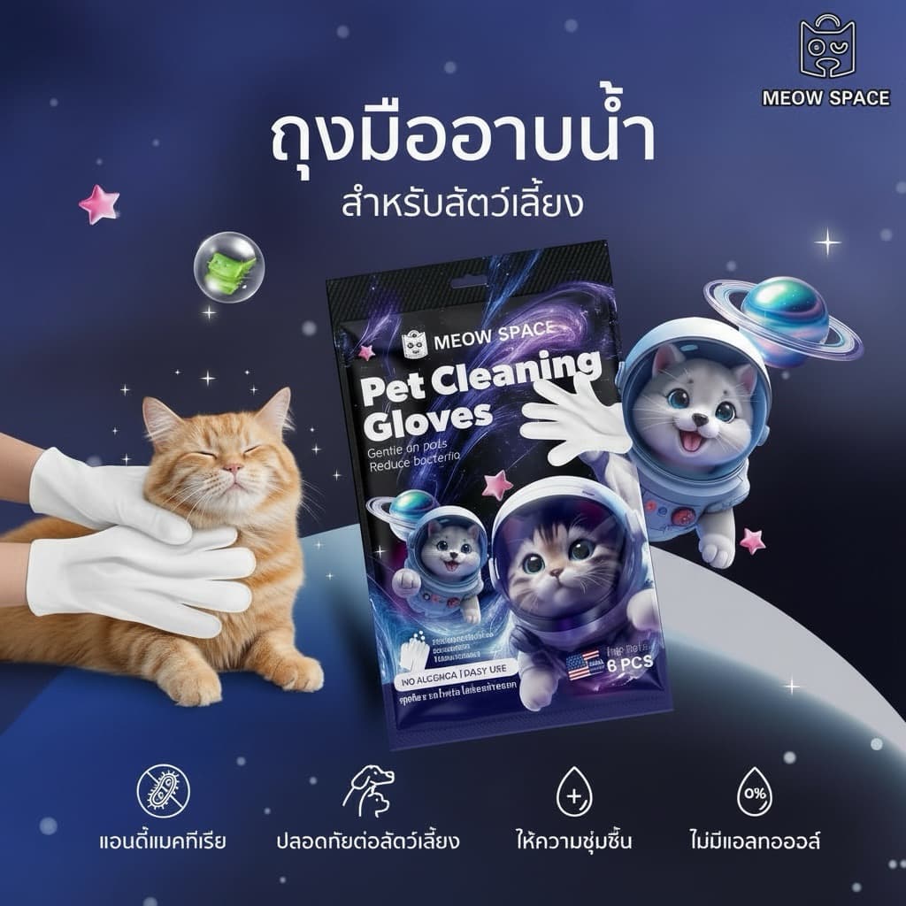 MEOW SPACE ถุงมืออาบน้ำแห้งสัตว์เลี้ยง 6 แผ่น ถุงมืออาบน้ำแห้ง มีกลิ่นหอม เช็ดทำความสะอาดตัวสัตว์เลี้ยง รูปที่ 3