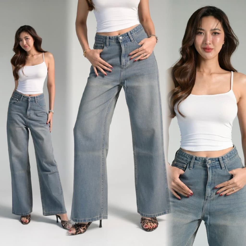 ยีนส์WANWIรหัสW61 กางเกงยีนส์ทรงกระบอกใหญ่Baggy ขาตรง รูปที่ 5