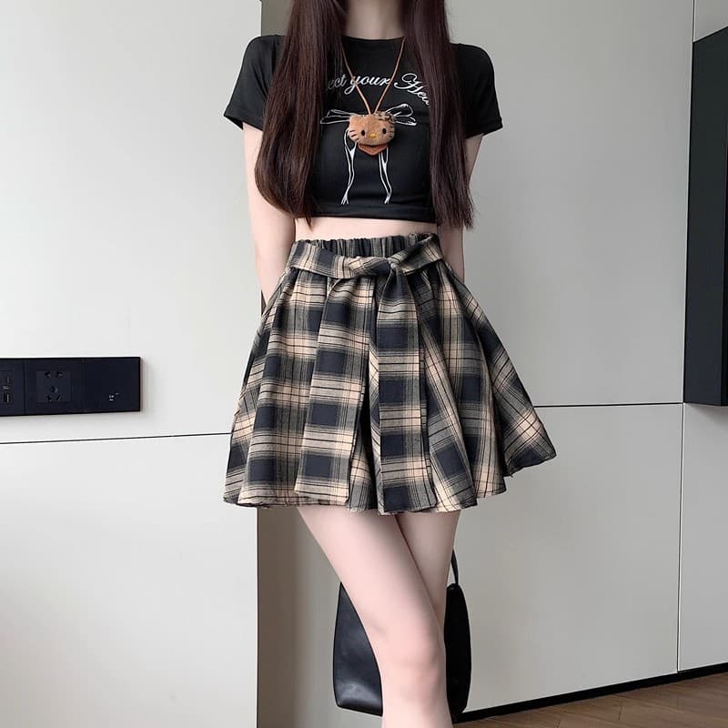 S~5XL Mini Plaid skirt สีน้ำตาล กระโปรงลายสก็อตเอวสูงสไตล์เกาหลีเรโทร กระโปรงสั้นทรงเอไลน์แบบไม่สมมาตรสุดเก๋ HOT รูปที่ 8