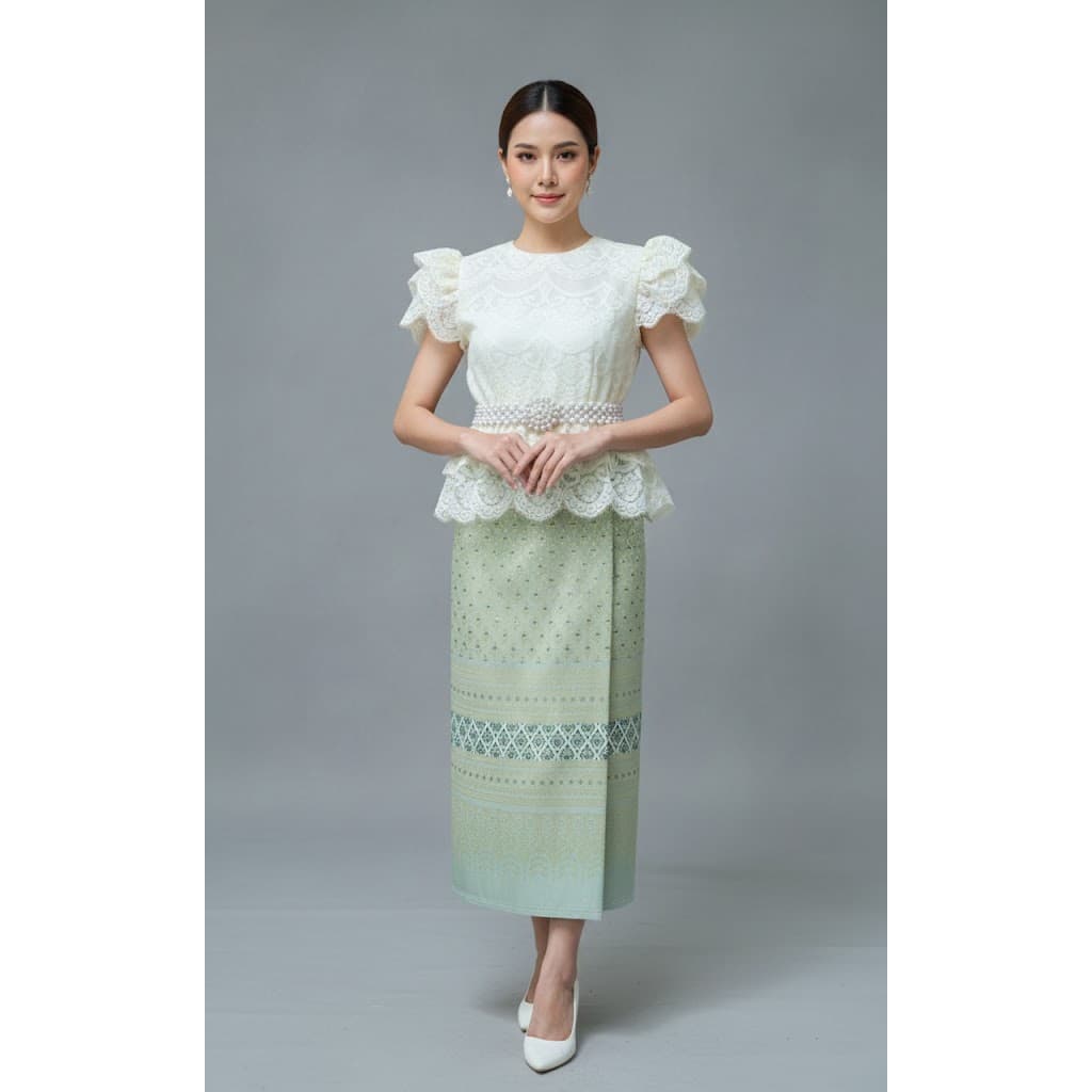 BS011 รุ่นหยกสยาม ชุดไทยเด็กผู้หญิง ประยุกต์ ออกงาน เสื้อลูกไม้มุก ลอยกระทง เด็กโต สีเขียวชมพู รูปที่ 3