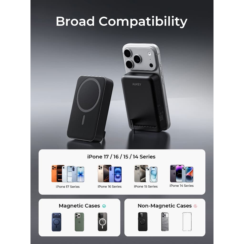 AUKEY PB-ML01 MagSafe Power Bank 10000mAh 20W ชาร์จไร้สาย มีขาตั้ง ติดแน่น iPhone 15/16/17 รูปที่ 7