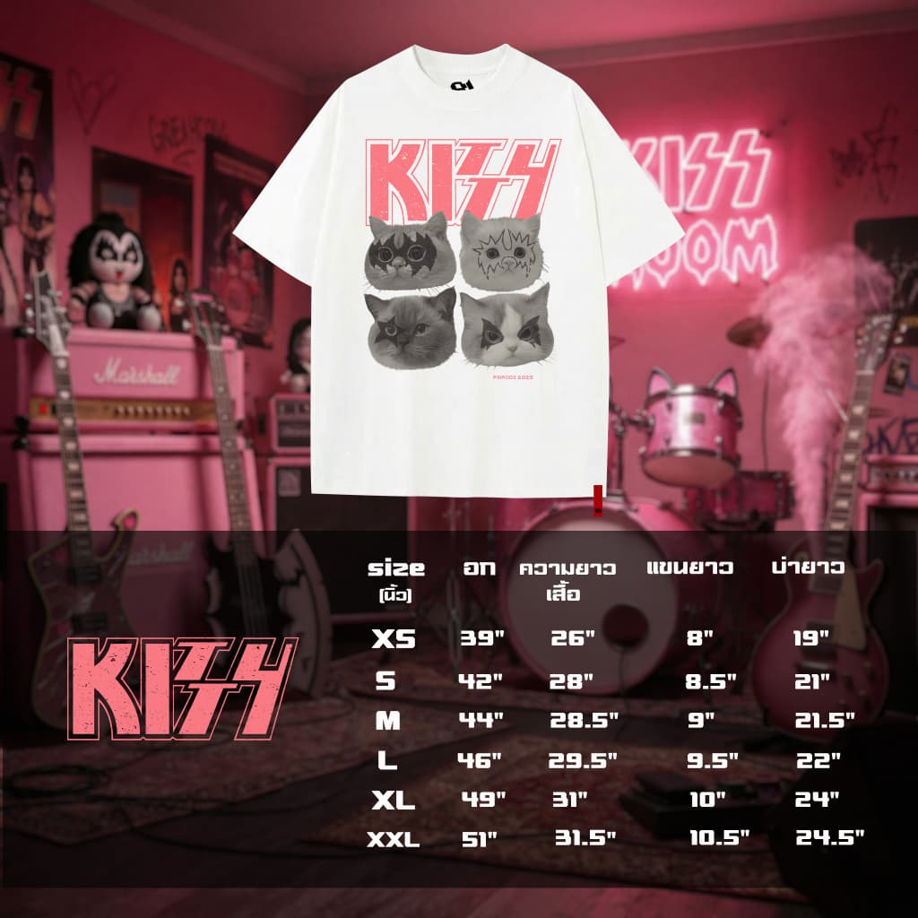 kitty kiss เสื้อล้อเลียนวงร๊อค ลายแมว สไตล์วินเทจ สกรีน dtg เรียบไปกับเนื้อผ้า รูปที่ 3