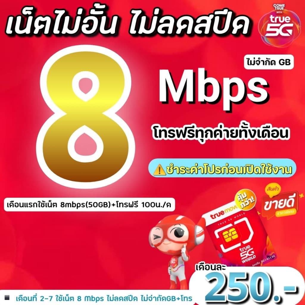 ซิมเทพซิมทรู 8 Mbps ไม่ลดสปีด +โทรฟรีทุกค่ายไม่อั้น รูปที่ 1