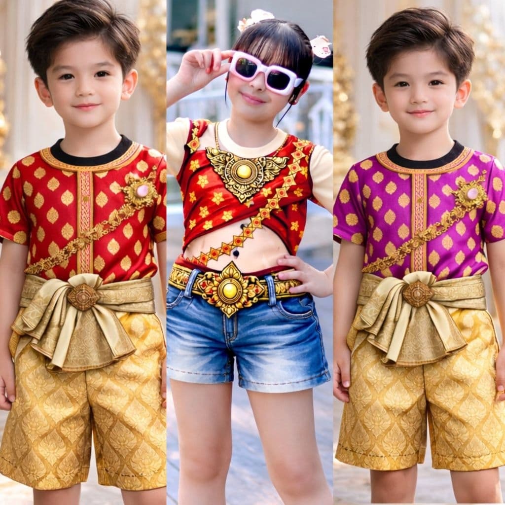 สุดปัง!! ชุดเด็กลายสไปและลายไทย งานพิมพ์ทั้งตัว สีสันสดใส 2-12ปีใส่ได้ลูกสาวลูกชายเด่นสุดๆ