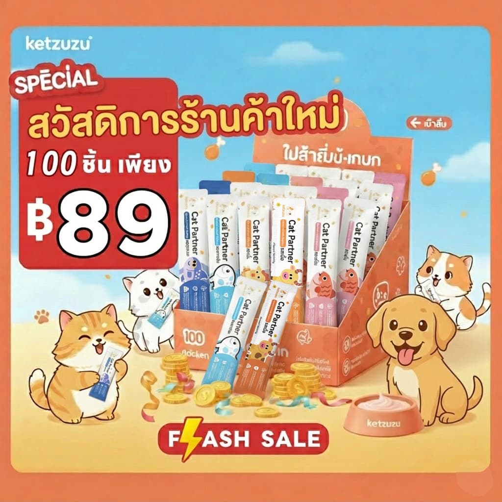 ยกแพ็คสุดคุ้ม 100 ชิ้น! Ketzuzu 17g ขนมแมวเลียเกรดพรีเมียม มูสเนื้อละเอียด ทานง่าย โภชนาการแน่น สำหรับแมวทุกสายพันธุ์ รูปที่ 1