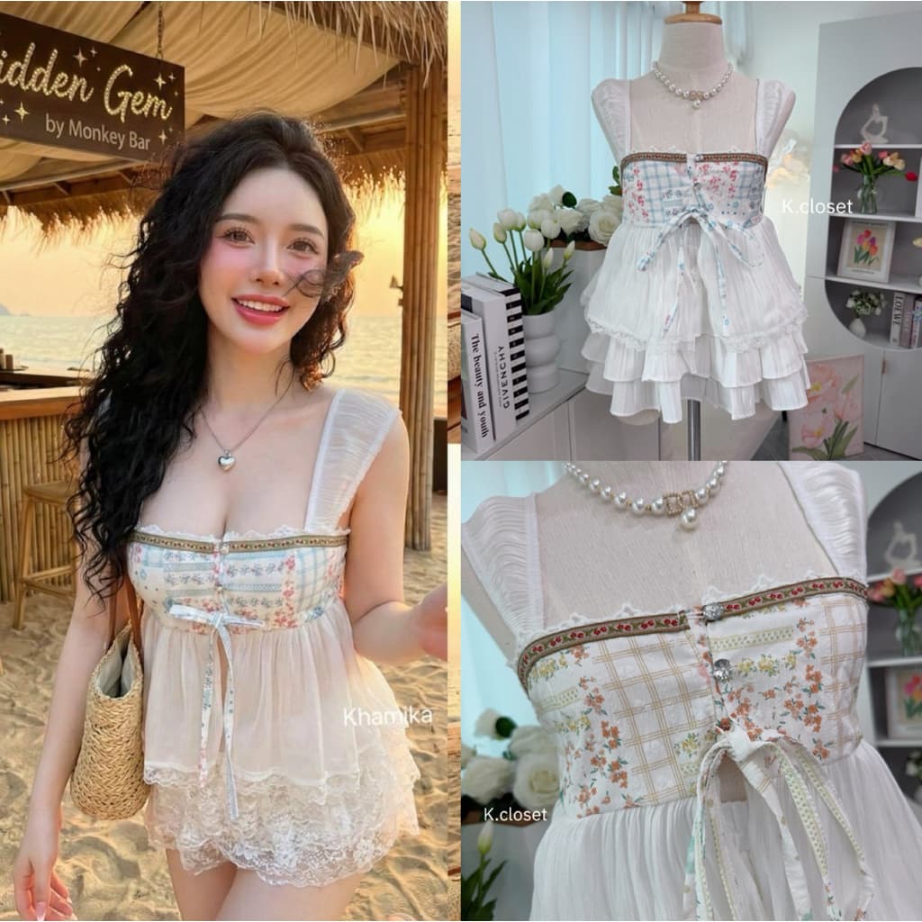 (อก30-40เสื้อสายเดี่ยวระบายชั้นผ้าโรซี่พิมลาย กระดุมใช้งานได้จริง detail แต่งผ้าลายน่ารัก รูปที่ 2