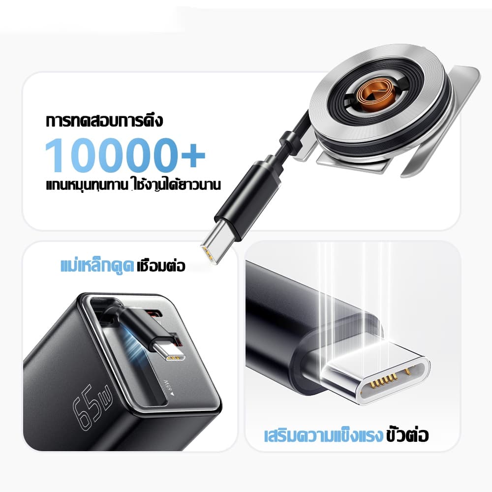 หัวชาร์จ 65W GaN USB A+C ชาร์จเร็ว พร้อมสายชาร์จพกพา ยืดได้ ชาร์จอุปกรณ์ 3 เครื่องพร้อมกัน จำเป็นสำหรับบ้านและการเดินทาง รูปที่ 2