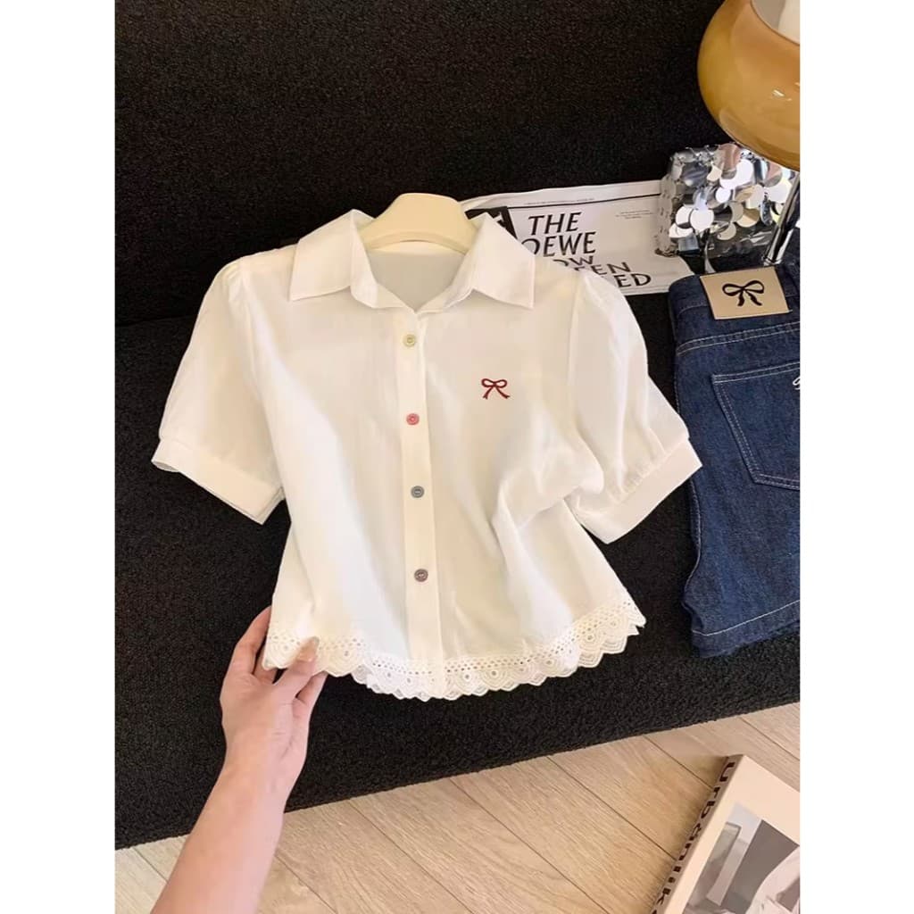 Red Berry เสื้อเชิ้ตแขนสั้นลายทางสีฟ้าสไตล์เกาหลีสำหรับผู้หญิง เสื้อฤดูร้อน เสื้อเชิ้ตลดอายุ W635 รูปที่ 4