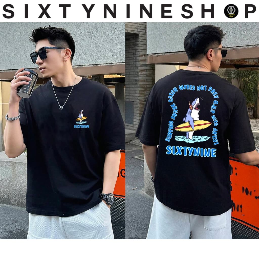 เสื้อยืดผ้าคอตตอน M-4XL พิมพ์ลาย " Shark surf " รูปที่ 2