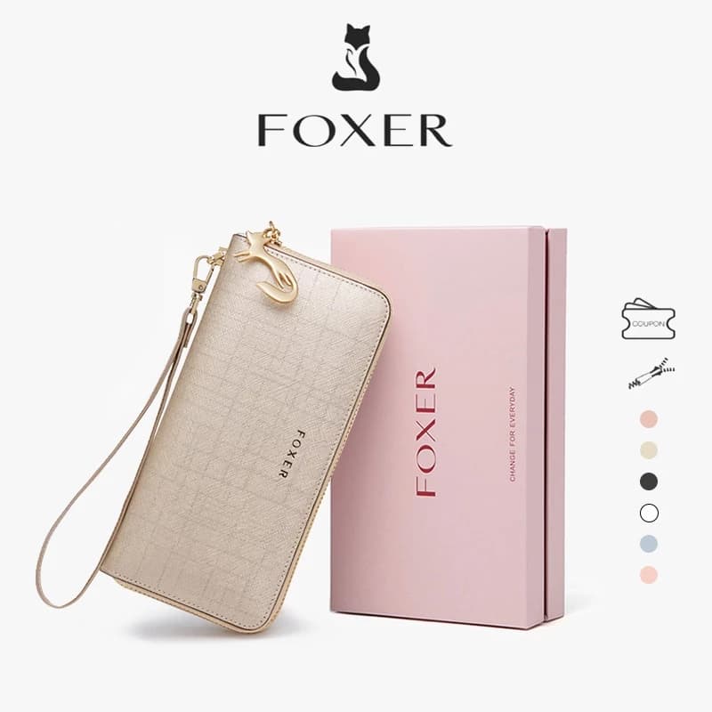 FOXER กระเป๋าสตางค์ผู้หญิง กระเป๋าสตางค์หนังวัว เรียบง่ายและทันสมัย ​​กระเป๋าสตางค์ใบยาว