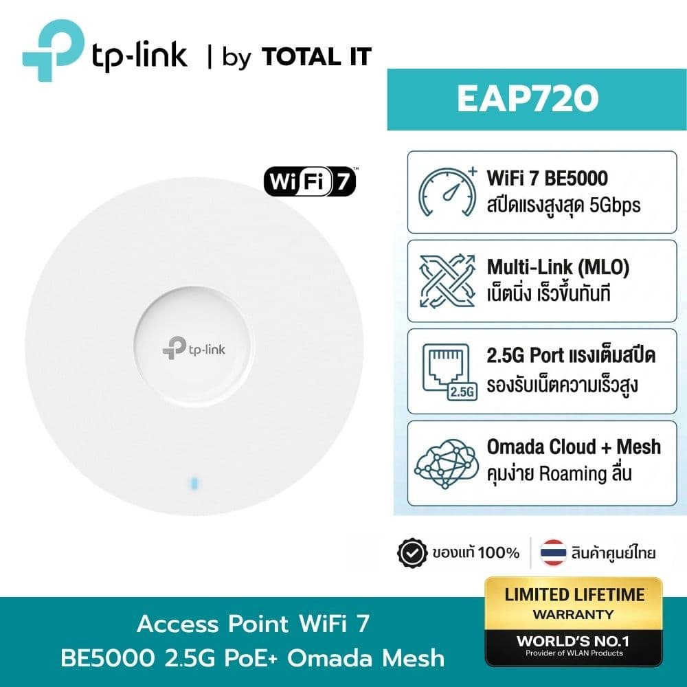 TP-LINK EAP720 Wi-Fi 7 BE5000 Access Point Ceiling AP ติดเพดาน ดีกว่า EAP723 รองรับ 2.5G PoE+ Mesh รูปที่ 1