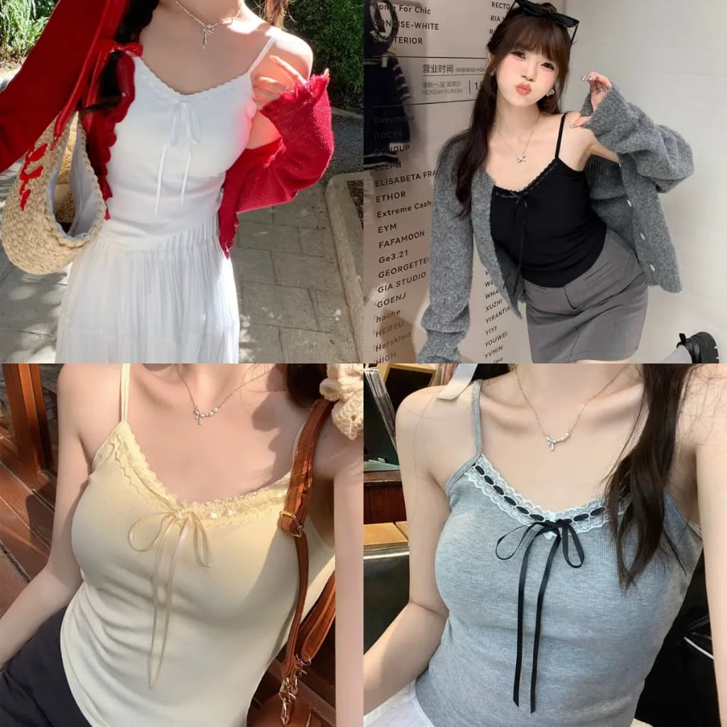 เสื้อสายเดี่ยว ครอป ฟองน้ำในตัว โบว์ผูกรอบขอบ สไตล์เวียดนาม เกาหลี FZ013 รูปที่ 1