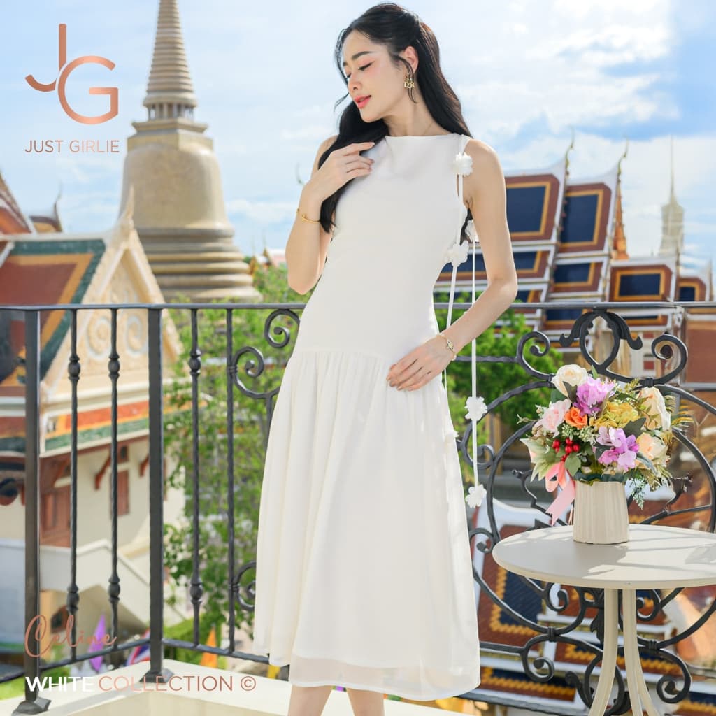 Hot Dress Celina ชุดเดรสยาว ดีไซน์ดอกไม้ไหล่ ผ้าซีฟองแต่งผ้าซาติน สวยเรียบหรู ไว้ใส่เที่ยว ใส่ออกงาน S M L รูปที่ 1