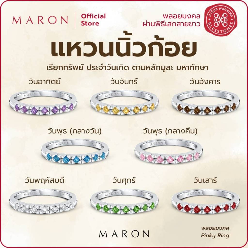 MARON แหวนนิ้วก้อย เสริมการเงิน แหวนพลอยแท้ประจำวันเกิด ตามหลักทักษาประจำวัน ตัวเรือนเงินแท้ 92.5 I My Lucky Pinky Ring รูปที่ 1