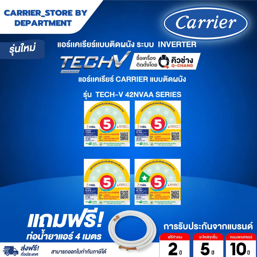 แอร์ CARRIER แคเรียร์ ติดผนัง อินเวอร์เตอร์ รุ่น TECH-V 42NVAA SER แถมท่อน้ำยาแอร์ 4 เมตร DYNAMIC FLASH SALE รูปที่ 4