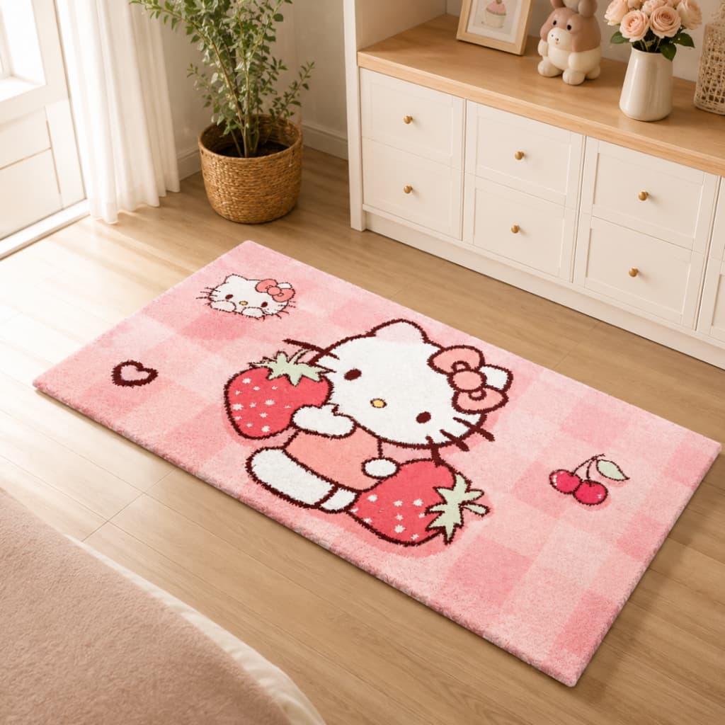 พรมข้างเตียง ลาย Hello Kitty + ขนแกะเทียนุ่มฟู หนาพิเศษ + ปูข้างเตียงนุ่มสบายเท้า กันลื่น ขนาด 80×180 ซม. ส่งจากกรุงเทพ รูปที่ 2