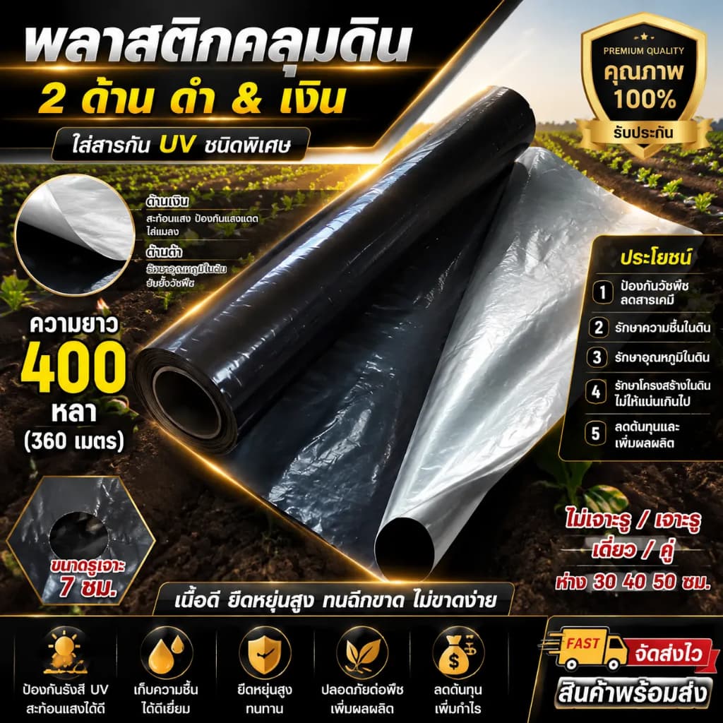 จัดส่งรวดเร็วพลาสติกคลุมดิน ผ้ายางคลุมดิน 400หลา พลาสติกคลุมแปลง พลาสติกดำเงิน กันวัชพืช ปลูกผัก รูปที่ 1