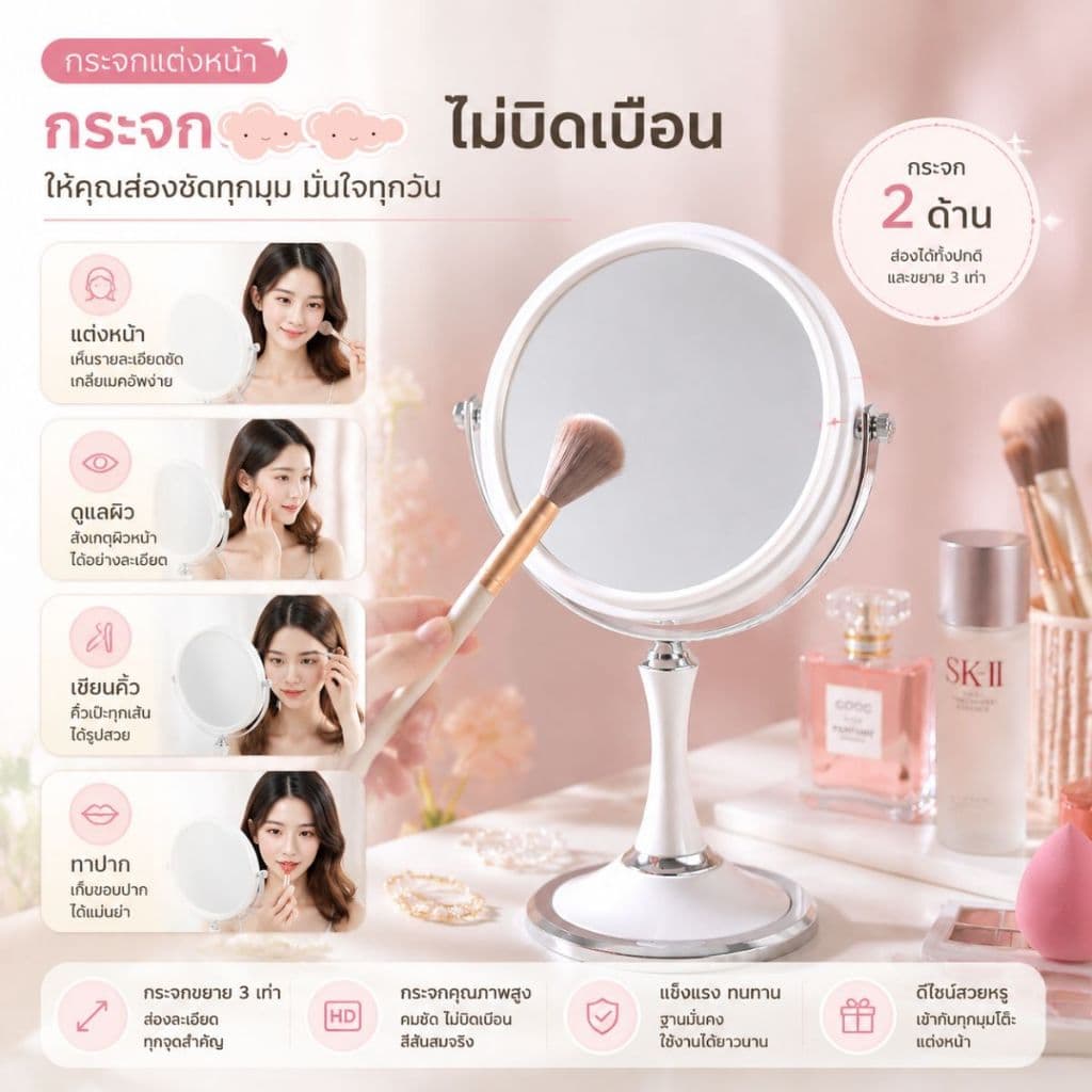 ส่งด่วน กระจกสไตล์เกาหลี 2หน้า แบบใหม่ กระจกมินิมอล กระจกแต่งหน้า ปรับองศาได้ รูปที่ 4
