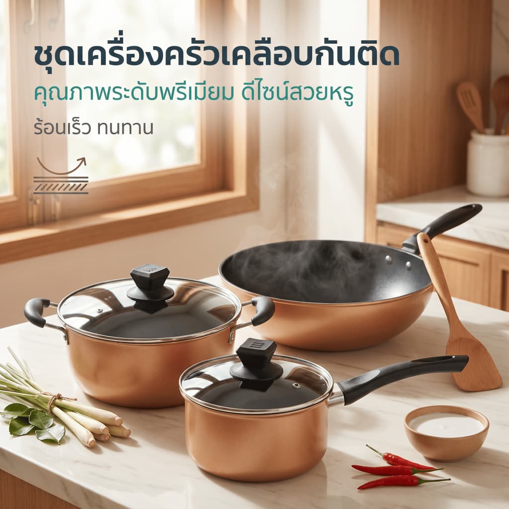 ชุดเครื่องครัวไม่ติดกระทะ 3ชิ้น สีทองแดง มีกระทะ หม้อซุป หม้อนม ใช้ได้กับทุกเตา ครัวเรือนต้องมี รูปที่ 1