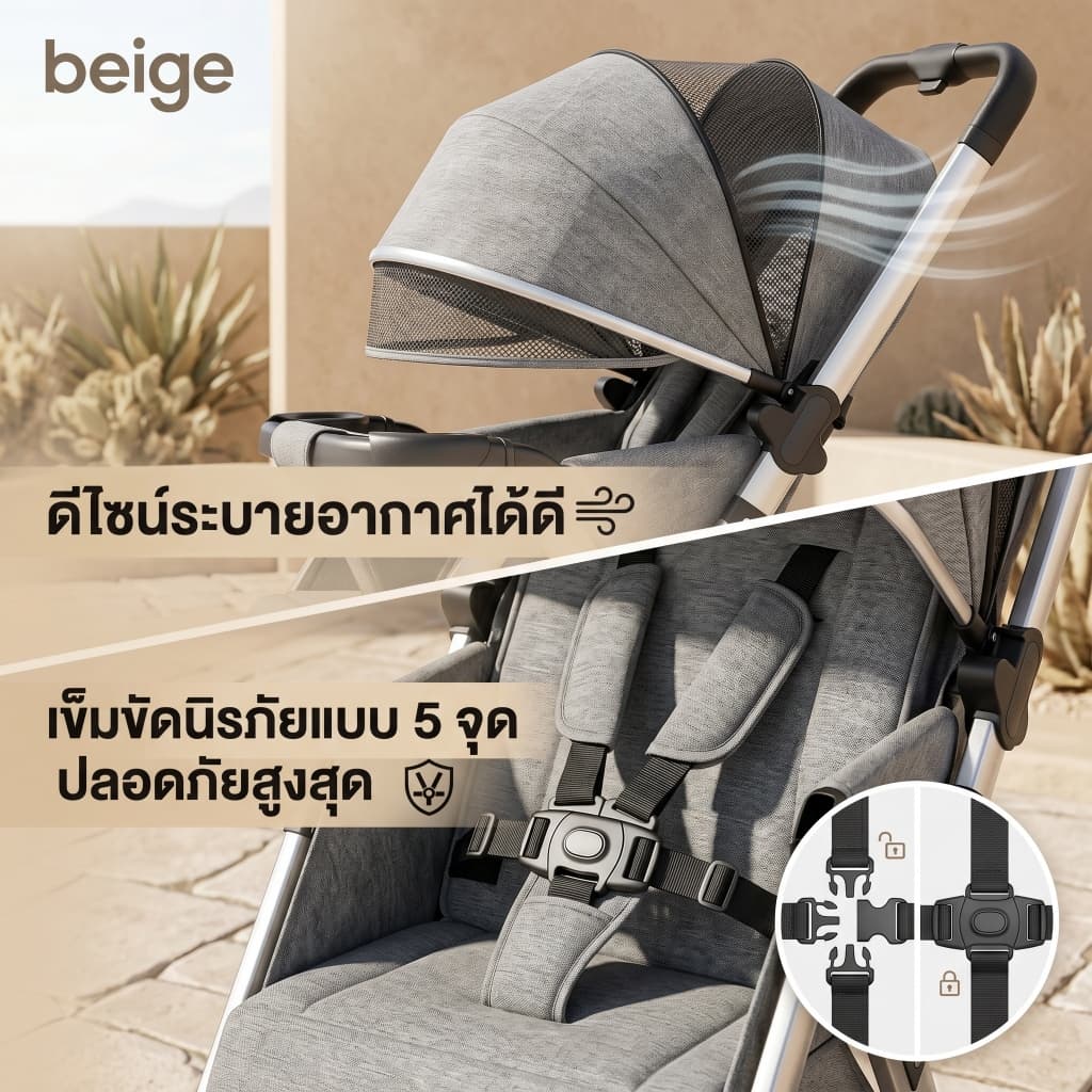 Beige รถเข็นเด็กพับได้ รถเข็นเด็ก เข็นได้ 2 ทิศทาง รถเข็นเด็กแรกเกิด 0-6 ปี ล้อ 360° มีเบรก พกพาง่าย รูปที่ 4