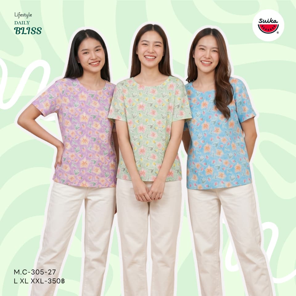 เสื้อแตงโม - เสื้อผ้าป่านมัสลิน คอปาดกระดุมหลัง 3 เม็ด แขนสั้น ลายดอกไม้ รูปที่ 5