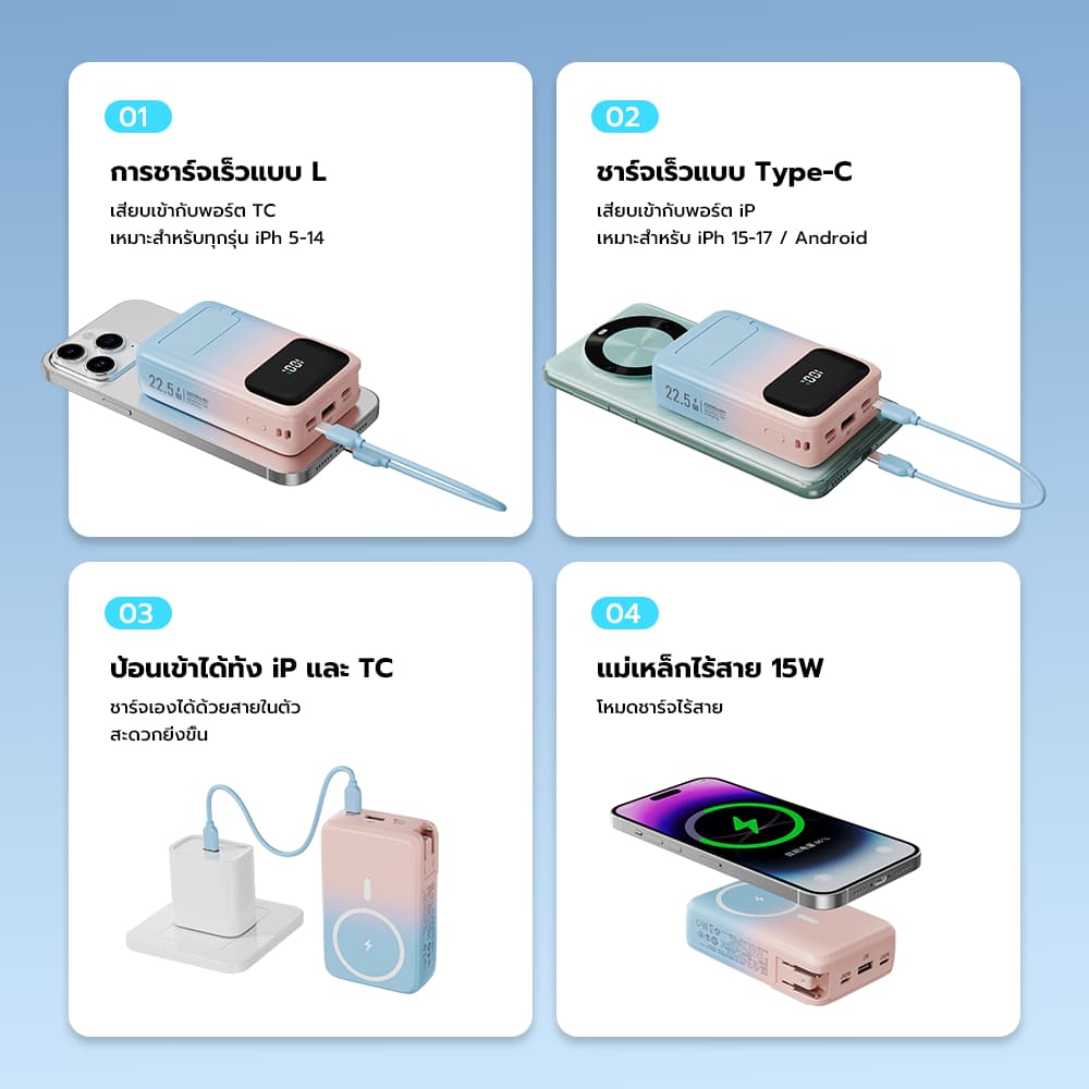 Powerbank 20000mAh 22.5W พาวเวอร์แบงค์ ชาร์จเร็ว ปลั๊กไฟในตัว พับได้ สายชาร์จในตัว 2 เส้น ที่วางมือถือ แบตสำรอง รูปที่ 8