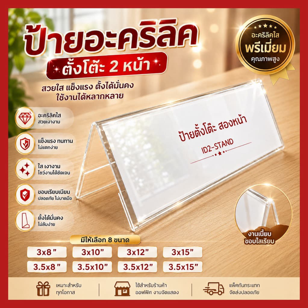 ป้ายชื่อ อะคริลิคใสตั้งโต๊ะ หน้ากว้าง3นิ้ว,3.5นิ้ว/หนาพิเศษทุกไซต์ MADE IN THAILAND รูปที่ 1