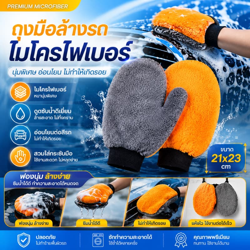 ถุงมือล้างรถ ถุงมือหมี ไมโครไฟเบอร์ ขนาด 21x23 cm ล้างรถทำความสะอาด เช็ดรถยนต์ รูปที่ 1