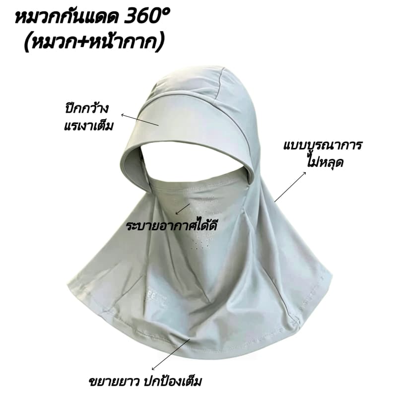 หมวกกันแดด360° มีหน้ากาก ปีกกว้าง สีพื้น ดำ/เทาอ่อน กันรังสีUV ระบายอากาศดี เหมาะงานกลางแจ้ง ท่องเที่ยว รูปที่ 9